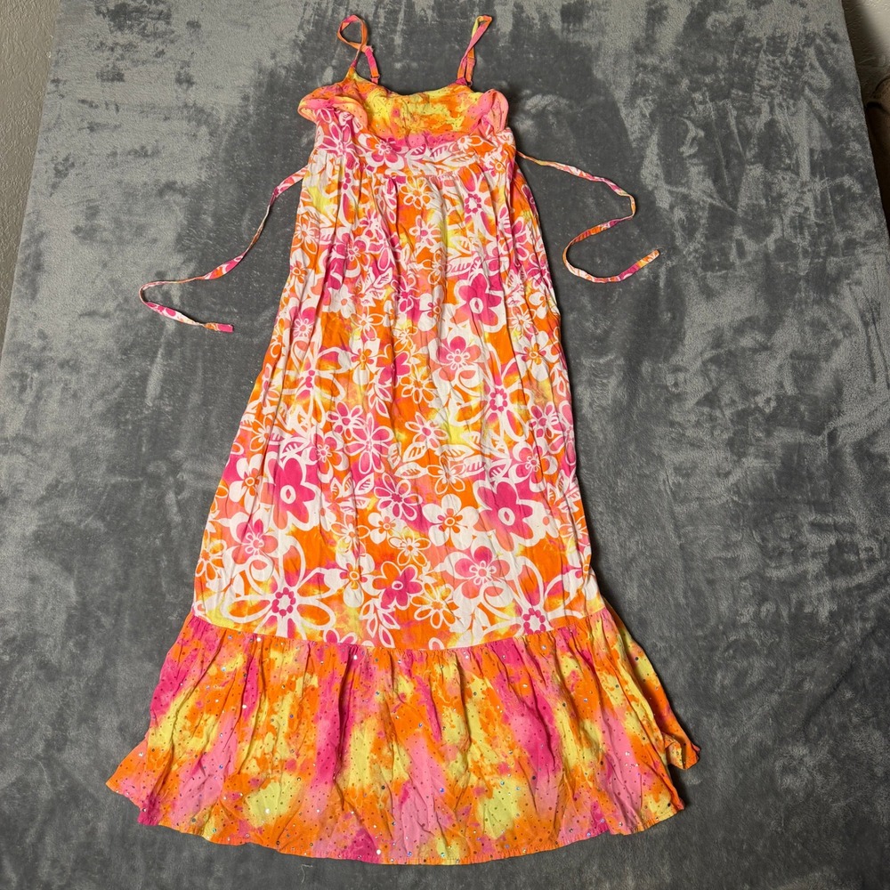 Justice Girls Size 14 Floral Tie Dye Maxi Dress Pink Orange Sequin‎ Ruffle